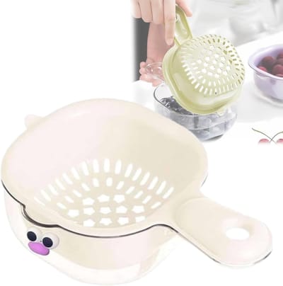 VHV - Vergiettes - Afdruipmandje - Fruitmand met lekbak - Dubbellaags - Met handvat en ophangoog - Voor het wassen van groenten en fruit - Keuken organizer - 19.5*6*12cm - Emoji-stijl - Wit