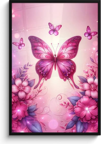 Poster in lijst - Fotolijst 80x120 cm - Posters - Vlinder - Roze - Bloemen - Posterlijst zwart - Kamer decoratie - Wanddecoratie kinderkamer - Muurdecoratie babykamer