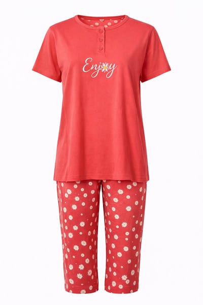Dames Pyjama - Katoen - Zomer - 3/4 broek - Koraalrood Madelief - Maat S