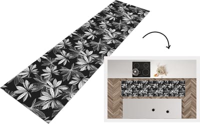 Keukenloper - Loper keuken - Zwart - Wit - Patronen - Bladeren - Natuur - 200x50 cm - Keukenloper vinyl