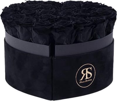 Flowerbox longlife Mary J zwart - Velvet Rouwhart met Longlife Rozen – 3 jaar houdbare bloemen - Als Blijvende Herinnering - Luxe Herdenkingsgeschenk als Symbool van Liefde bij Overlijden - Zwarte bloemen online bestellen - Met spoed geleverd