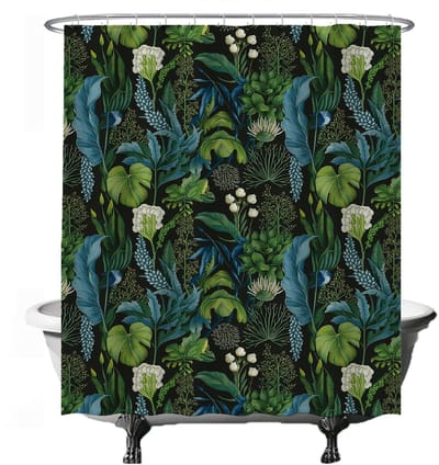 Douchegordijn Anti-Schimmel - Jungle Grote Bladeren Witte Bloemen - 180 x 200 cm - met 12 ringen - Ulticool - Groen Blauw Zwart - Waterdicht & Wasbaar - Semi Transparant