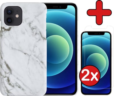 Hoesje Geschikt voor iPhone 12 Mini Hoesje Marmer Hardcover Fashion Case Hoes Met 2x Screenprotector - Hoes Geschikt voor iPhone 12 Mini Marmer Hoesje Hardcase Back Cover - Wit
