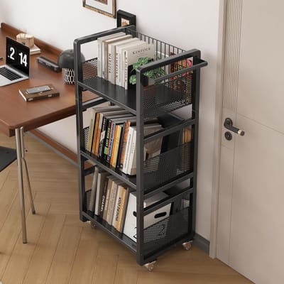 Boekenwagen met wielen - Bibliotheekwagen - Thuis en school - Vergrendelbare wielen - 34 x 18 x 44 cm - Zwart