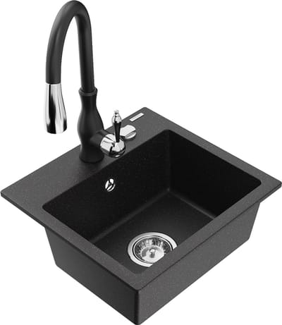 Mexen Milo granieten gootsteen 1-komorige met keukenmengkraan Savita, zwart/zilver metallic- 6505-73-672601-70