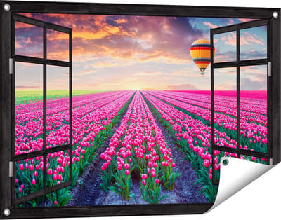 Gards Tuinposter Doorkijk Bloemenveld met Roze Tulpen - Luchtballon - 90x60 cm - Tuindoek - Tuindecoratie - Wanddecoratie buiten - Tuinschilderij