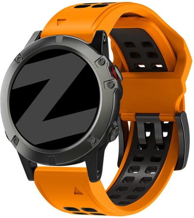 Bandz Sport 'Buckled' siliconen bandje geschikt voor Garmin Fenix 9 (Pro) 47mm - Fenix 8 (Pro-E-47mm) - Fenix 7 (Solar-Pro) - 6 (Solar-Pro) - Fenix 5 (Plus) / Forerunner 970 - 965 - 955 - 945 - 935 - 745 / Quatix 8 - 7 - 6 - 5 - Oranje/Zwart