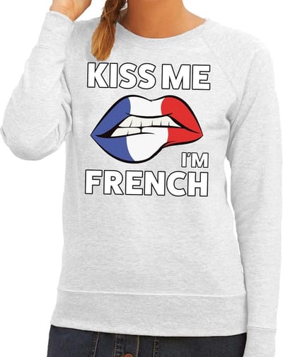 Kiss me I am French sweater grijs dames - feest trui dames - Frankrijk kleding XS