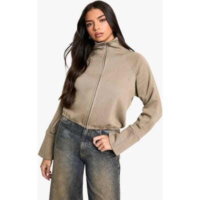 boohoo Dames Oversized Boxy Sweatshirt met Trechterkraag en Ritssluiting | Washed Khaki | Maat: Large
