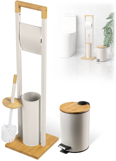 KADAX toiletrolhouder met geïntegreerde wc-borstel en afvalbakje, staande toiletrolhouder met wc-borstel, toiletrolhouder (beige)