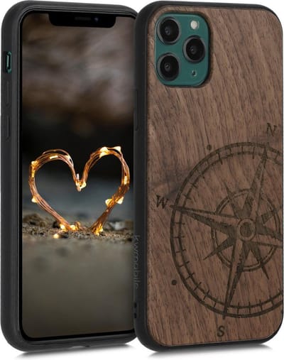 kwmobile telefoonhoesje geschikt voorApple iPhone 11 Pro - Hoesje met bumper - hout - In donkerbruin Vintage Kompas design