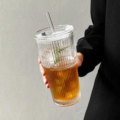 600ML gestreepte glazen koffiekop met deksel en rietje, transparante drinkglazen voor sap, melk, theekopjes, ijskoffiemokken en drinkgerei 600ML black