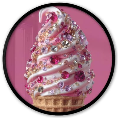 Poster in lijst Rond - Fotolijst 40x40 cm - Posters - Softijs - Edelstenen - Roze - Hoorntje - Ronde posterlijst zwart - Decoratie - Wanddecoratie woonkamer - Muurdecoratie slaapkamer