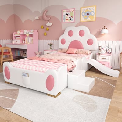 Gestoffeerd bed - eenpersoonsbed - hoofdeinde in de vorm van een cartoon kattenpoot - met kinderglijbaan en tweetraps ladder - 90x200 cm - zonder matras