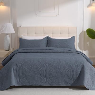 Sprei, bedsprei, 240 x 260 cm, bladbeschermingsdeken, slaapkamerdeken, quilt, dubbelzijdig design, multifunctioneel, licht dekbed als bankdeken, sprei (blauwgrijs)