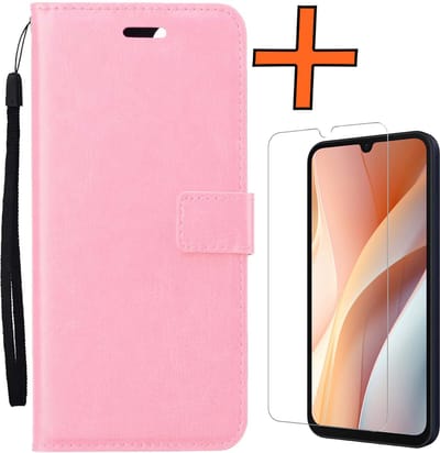 Hoes - Met Screenprotector - Geschikt voor Samsung Galaxy A15 - Luxe Pasjeshouder - Bookcase Portemonee - Flip Case - Kunstleer Book Case - Flipcase - Book Cover - Walletcase - PortemonneeHoes - Lichtroze