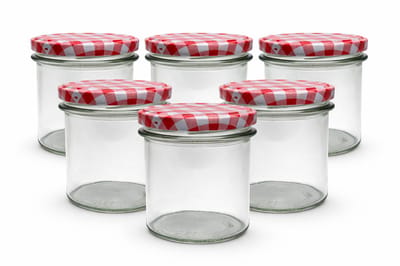 Jampotten - inmaak - glazen potten 346 ml met twist-off deksel (rood/wit geblokt) 6 stuks incl. recepten