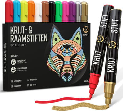 Napi Raamstiften 12st - Afwasbaar - Krijtstiften voor Krijtbord & Raam - Omkeerbare Punt 3-6mm - Whiteboard Stiften - Whiteboardmarkers - Krijtstift Markers - Glasstiften - Krijtmarker - Porselein - Glas - 12 Kleuren