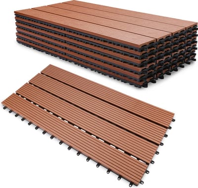 Terrastegels 60x30cm 6 stuks 1m² WPC Tegels Balkon Terras of Vlonder Snelle Montage Vlondertegel Tuintegels Terrasplanken Balkon vloer Kliktegels Buiten tegels Geelbruin