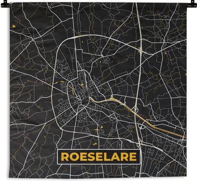 Wandkleed - Wanddoek - Roeselare - Stadskaart - Plattegrond - Goud - Kaart - 180x180 cm - Wandtapijt