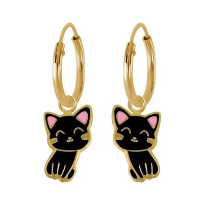 Zilveren kinderoorringen - zwart katje - gold plated - hypoallergeen
