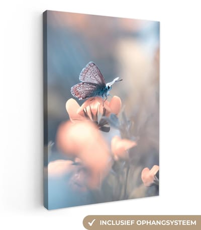 Canvas schilderij 20x30 cm - Wanddecoratie Bloemen - Vlinder - Natuur - Botanisch - Muurdecoratie woonkamer - Slaapkamer decoratie - Kamer accessoires - Schilderijen op canvas