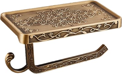 Vintage gesneden bloemen toiletpapier houder met plank - antieke messing afwerking aluminium badkamer organisator, wand gemonteerde decoratieve rolhouder voor badkamer/ijdelheid (7,24" telefoon plank)