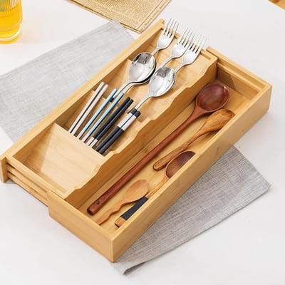 Bamboe,Bamboe Besteklade,Bestekbak Uitschuifbaar,Uitbreidbaar 14 Tot 24 Inch Breed,Houten Bestekverdelers voor Zilverwerk, Bestek, Messen in Keuken, Woonkamer