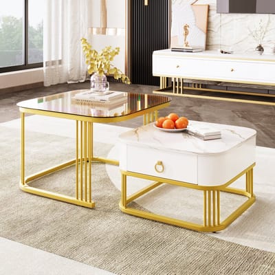 Salontafel Set - Stapelbaar - Marmerlook Theebruin Glas 2-delig - Gouden Accenten - Glas - Bruin Goud