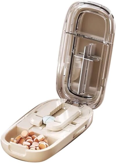 Pillensnijder - Verstelbare pillensleuf - Pillendoosje - Pillendispenser - Pillensplijter - 1/2 & 1/4 splitsingen – Pillendoosje voor snijden en bewaren – Wit