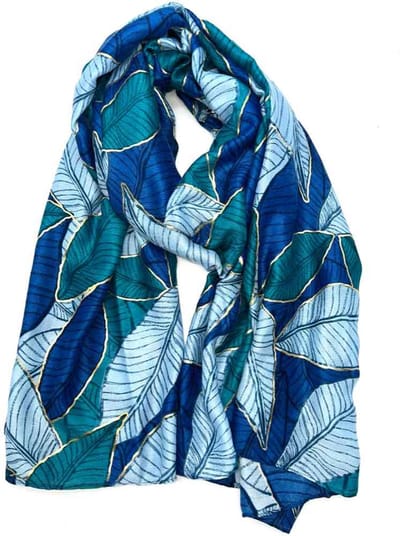 Lange dames sjaal Coby fantasiemotief bladerenmotief schemer blauw licht blauw sparren groen goud