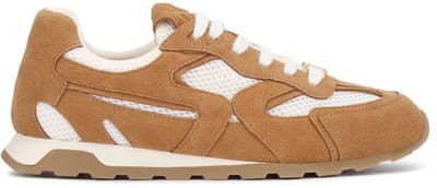 Brown sneakers in suede and white fabric with monogrammed laces