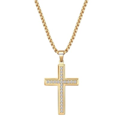 Fako Bijoux - Ketting Met Kruisje Kristal - Diamond Cross - Kruis Zirkonia - 26x41mm - 60cm - 2mm - Stainless Steel - RVS - Staal - Goudkleurig