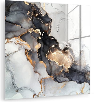 Glasschilderij abstract - Marmer - Goud - Marmerlook - Zwart - Schilderijen woonkamer - Schilderij glas - Foto op glas - Glasplaat - Kamer decoratie - 20x20 cm - Wanddecoratie - Muurdecoratie - Slaapkamer