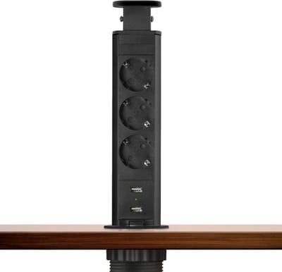 DELIGHT - Inbouw Pop-Up Tafelblad Stekkerdoos met 2X USB en 3 Stopcontacten - Matzwart (MAT Zwart)