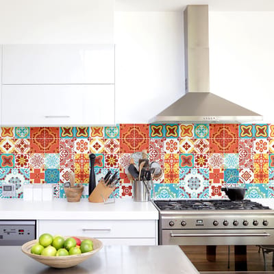 Zelfklevende tegelmuurstickers voor keuken en badkamer - 24 cementtegelstickers, Azulejos Lucinda - 24 stickers, 10x10cm