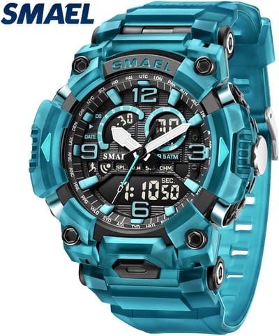sportief blauw horloge dubbel scherm met tijd datum chronometer alarm waterdicht en led licht