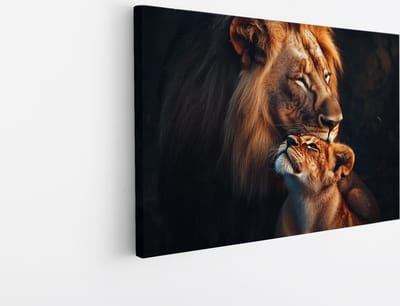 Saammp Canvas Schilderij - Leeuw en welp zijn liefdevol - Dieren - Natuur - 45x30 - Foto op canvas - Wanddecoratie - Muurdecoratie Woonkamer - Slaapkamer decoratie - Canvas Print