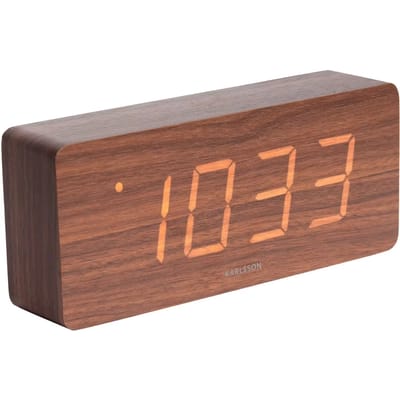 Karlsson Wekker Tube - Donker Hout fineer, Wit LED - 21x9x4,5cm - Scandinavisch - Wekker voor slaapkamer - Wekkers