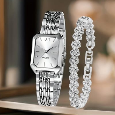 2 Stuks Mode Rechthoekig Dames Quartz Horloge Strass Armband Set Romeinse Wijzerplaat Dames Polshorloges Meisjes Klok Reloj Mujer black