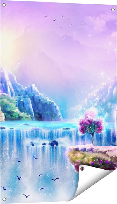Gards Tuinposter Kleurrijke Sprookjes Waterval - Abstract - 60x90 cm - Tuindoek - Tuindecoratie - Wanddecoratie buiten - Tuinschilderij
