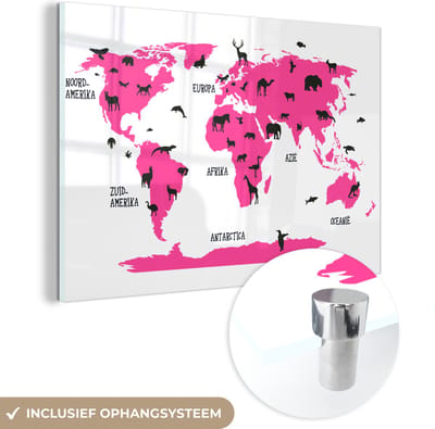 ® Glasschilderij 150x100 cm - Schilderij acrylglas - Wereldkaart Kinderen - Roze - Dieren - Foto op glas - Muurdecoratie woonkamer - Wanddecoratie slaapkamer - Schilderijen