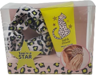Haar giftset Panter Design "You're A Star" - Haar Scrunchie / Bad- en Douchegel - Geel / Roze - Kunststof / Douchegel - 2 Stuks - Cadeauset - Cadeau - Giftset