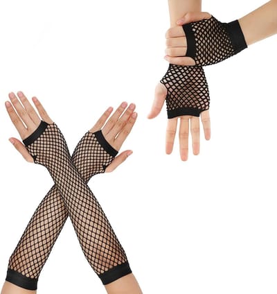 Zwarte Vingerloze Visnet Handschoenen - 2 Paar Lange en Korte Mesh Handschoenen voor Vrouwen en Meisjes, Perfect voor 80s en 90s Themafeesten en Halloween