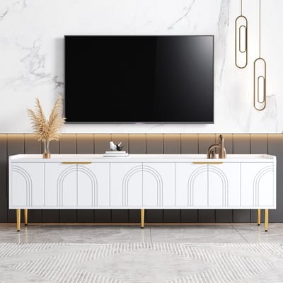 Wishdor Tv-Meubel - Draaideuren Met 3D-Lijnstructuur - Kabeldoorvoer - Metalen Poten En Gouden Grepen - MDF - Wit - 170 x 35 x 47,5 cm