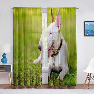Rideau en tulle à imprimé animal Bouledogue Terrier pour la décoration intérieure, décoration de fenêtre, chambre à coucher, cuisine, salon, rideaux modernes transparents en voile 1 PCS W100XH250cm&Rod Pocket