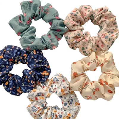 Blauw roze beige scrunchies dames haarbanden set bloemenprint elastiek haar accessoires voor paardenstaart knot opsteek kapsel 5 delige set