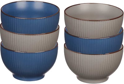Kommetjes/serveer schaaltjes - 6x stuks - Mistique - porselein - D14 x H8 cm - grijs - blauw - Stapelbaar