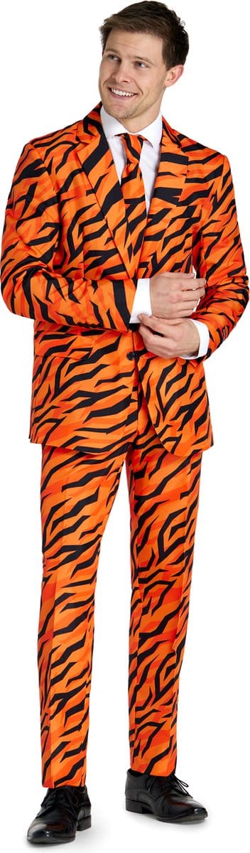 Suitmeister Tiger Orange - Heren Pak - Tijgerprint - Carnavalskleding - Dierenpatroon - Kostuum - Inclusief Pantalon, Blazer en Stropdas - Maat S