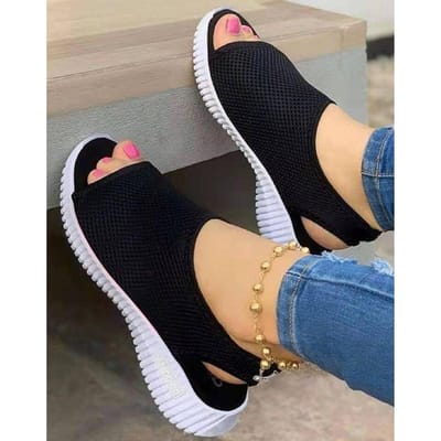 Sandales d'été à plateforme pour femmes, couleur unie, à bout ouvert, à enfiler, légères et décontractées, à bride arrière 40 noir